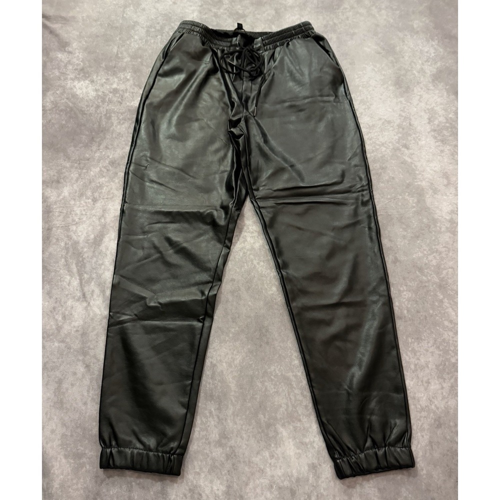 Shinestar Black Faux Leather Joggers | Elastic Drawstring Waist Pants Pocketed M